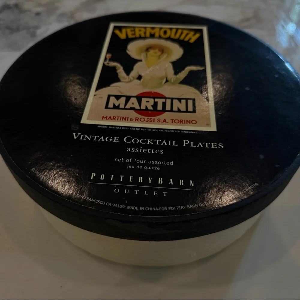 Pottery Barn Martini Vermouth Vintage Cocktail Plates - Black & Cream - New